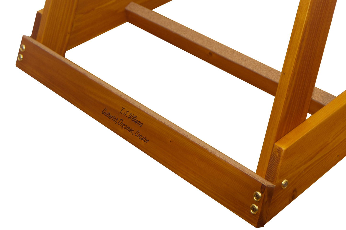 Wooden guitar stand showing custom engraving option. Samp woodworks, Reading, UK