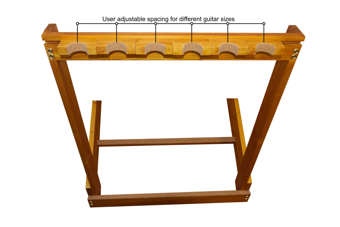 Wooden guitar stand with adjustable spacing for different guitar sizes on a white background. Samp Woodworks