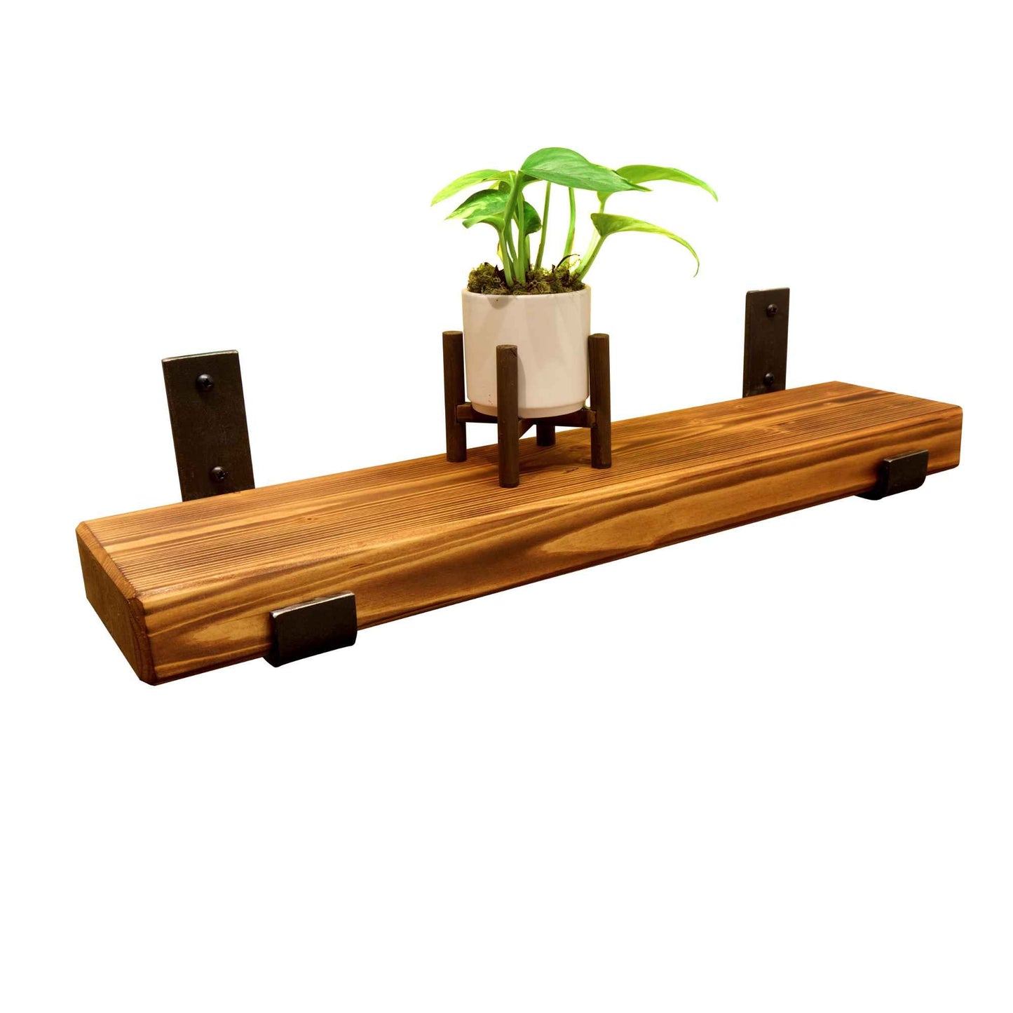 Rustic Wall Shelf with Metal Brackets - Sanded Only