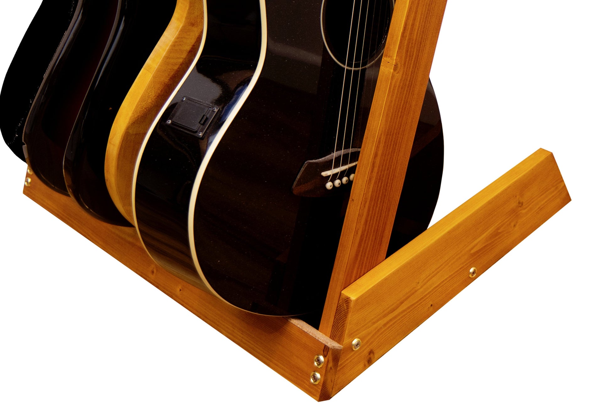 Wooden guitar stand holding multiple acoustic guitars on a white background. Samp Woodworks