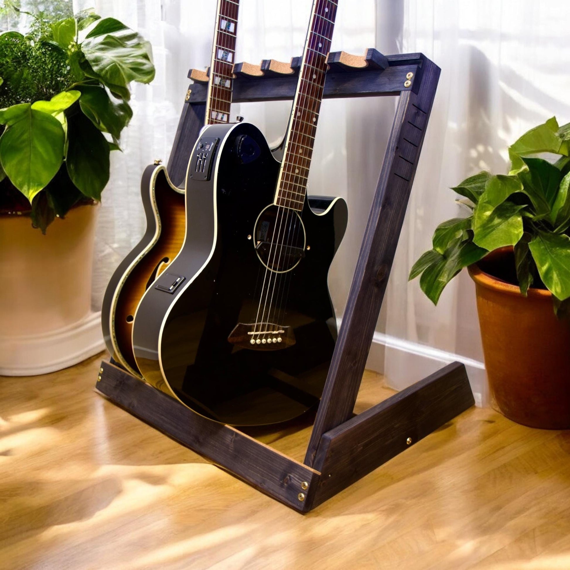 Multi Guitar stand in ebony stain. design by Samp Woodworks uk
